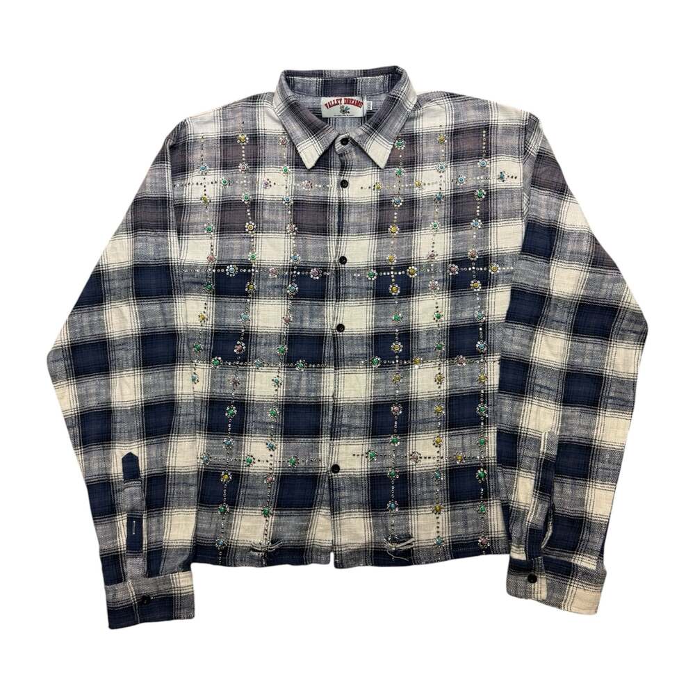 Valley Dreams Sky Gems Rhinestone Distressed Plaid Flannel Button-Up Shirt